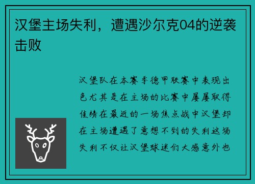 汉堡主场失利，遭遇沙尔克04的逆袭击败